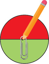 Drawing of a spinner made by using a pencil to hold a paper clip in the middle of a circle of paper. Half of the circle is red and half is green.