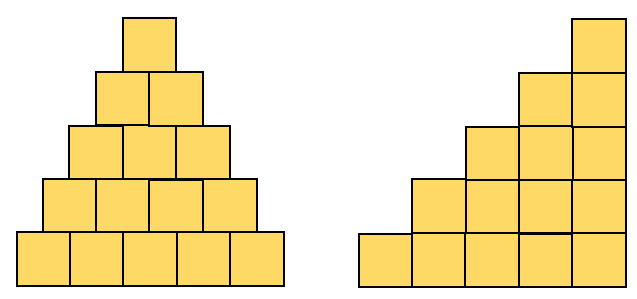 Image of 15 cubes stacked in a triangle with 5 on the bottom layer, then 4, then 3, then 2, then 1 on the top. two different ways. The left hand triangle has each row of cubes overlapping with the ones below. The right hand triangle has cubes directly above the ones below.