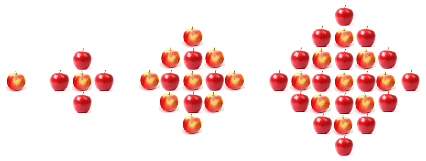 ""An image showing apples of two different colours in a diamond shaped pattern.