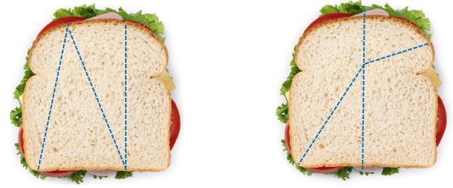An image showing some ways to cut a sandwich into four pieces that are not quarters.