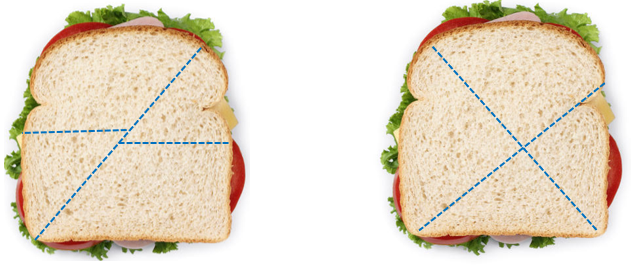 An image showing some further ways to cut a sandwich into four pieces that are not quarters.