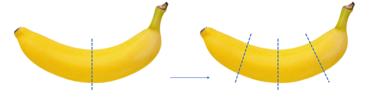 An image showing a banana partitioned by length into quarters.