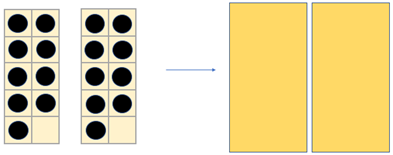 Image of 18 counters arranged across 2 tens frames (as 9 + 9). A second image shows both tens frames masked.