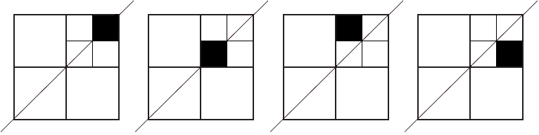 Image showing four possibilities for where Fred could have put the three tiles. Two are symmetrical.
