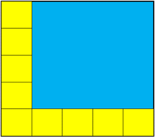 A blue square with five yellow tiles down the left hand side and another four to make a total of five across the bottom.