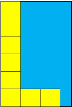 A blue rectangle with 6 yellow tiles down the right hand side and two more along the bottom to show that the width is approximately 3.5 tiles.