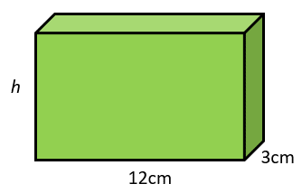 Green cuboid labelled 12cm wide, 3cm deep, h high.