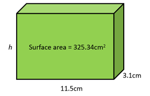 Green cuboid labelled width 11.5cm, depth 3.1cm, height h, and surface area 325.34 square cm.