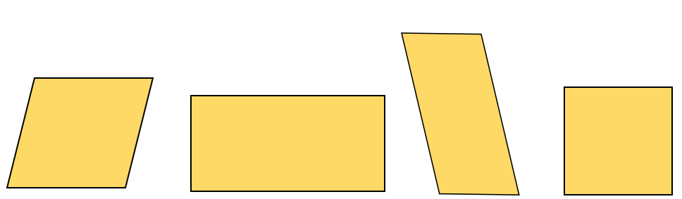This shows four different parallelograms: rhombus, rectangle, regular parallelogram, and square.