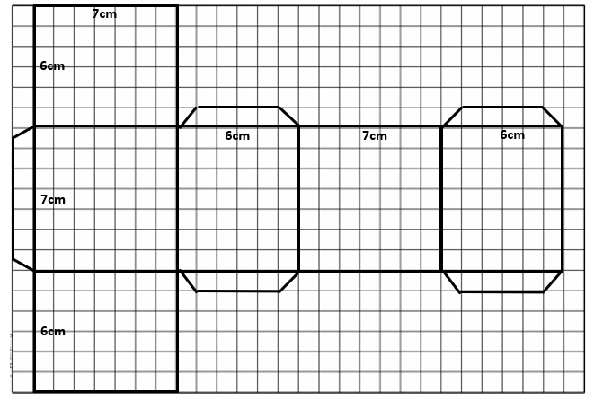This shows a net for a box with a volume of 294cm3 . It consists of four 6 x 7cm rectangles and two 7 x 7cm squares.