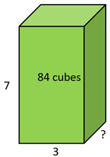 Green cuboid labelled as 7 high 3 wide and ? deep. 84 cubes written on it.