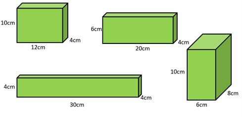 Green cuboids with measurements labelled.