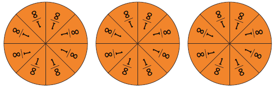 Three fraction circles split into eighths.
