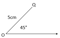 Diagram of polar coordinates (45°, 5cm) describing the location of the point Q.